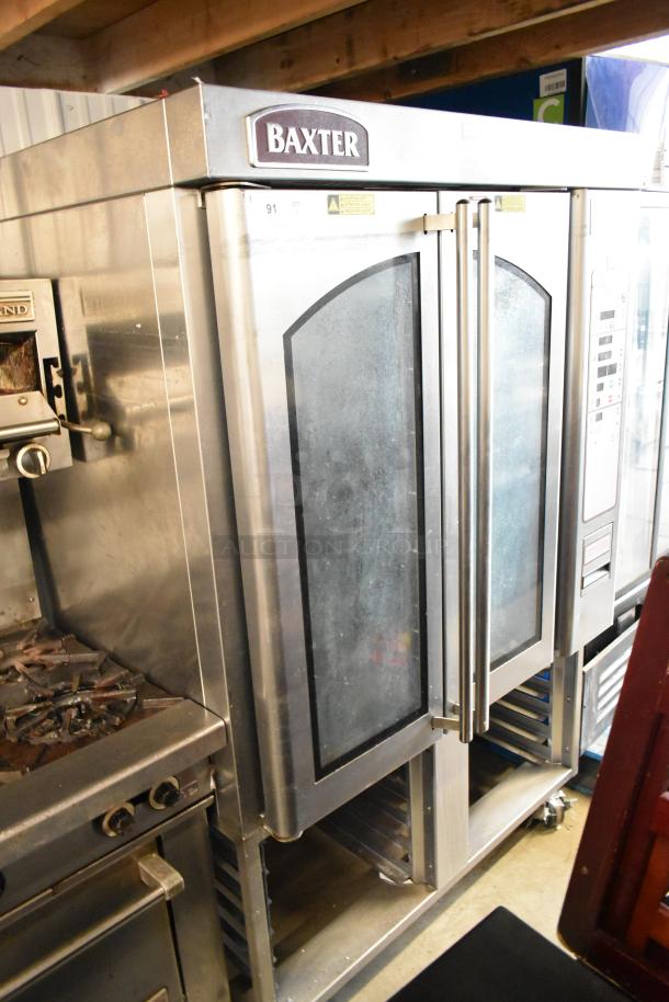 Baxter OV310G stainless steel commercial rack oven, natural gas powered, mini rotating, dual pan rack, on casters.