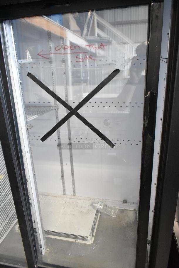 QBD CD45-HC 2 Door Cooler Merchandiser with poly-coated racks, metal exterior, visible internal notes, and 115V, 1 Phase power.