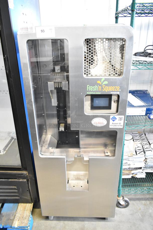Fresh N Squeeze 2ND-GEN-MFJ-HE stainless steel commercial citrus juicer, floor style on casters, 120 volts, 1 phase.