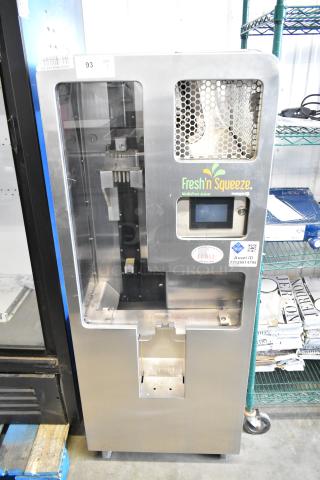 Fresh N Squeeze 2ND-GEN-MFJ-HE stainless steel commercial citrus juicer, floor style on casters, 120 volts, 1 phase.