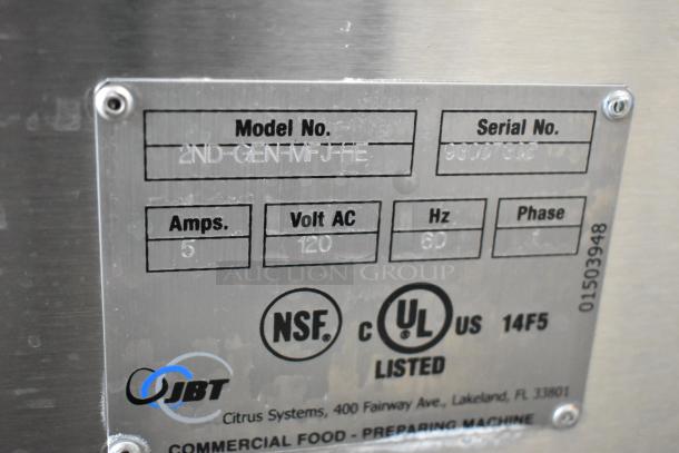 Fresh N Squeeze 2ND-GEN-MFJ-HE citrus juicer label, showing model, amps, voltage, phase, and certification logos.