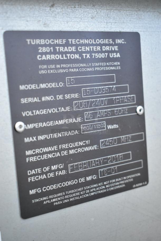 2018 Turbochef i5 Rapid Cook Oven label showing model, voltage, and specs. Stainless steel countertop unit, 208/240V, 1 phase.