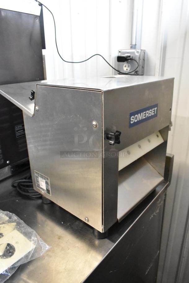 Somerset CDR-100P stainless steel countertop dough sheeter, 115V, 1 phase, in good condition; visible brand label.