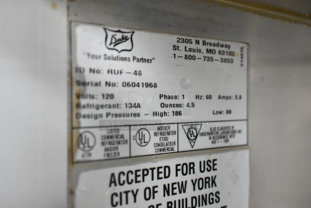 Duke RUF-48 stainless steel 2-door cooler label; details: 120V, 1 phase, refrigerant 134A; UL certified.