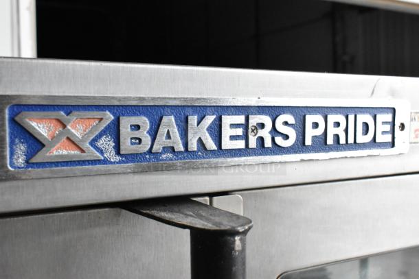 Bakers Pride Stainless Steel Gas Convection Oven. Features metal racks, view-through doors, thermostatic controls.