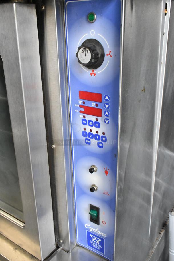 Bakers Pride stainless steel convection oven with view-through doors, metal racks, thermostatic controls, and control panel.