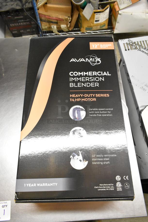 AvaMix 928IBHD12 12" Heavy-Duty Immersion Blender, 1 1/4 hp, new in box, 120V, 1 phase. Features variable speed and 1-year warranty.