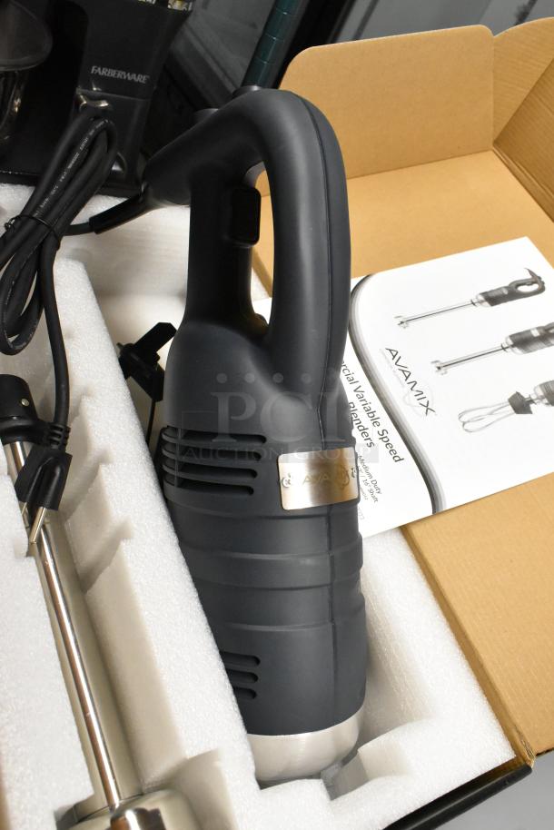Brand new AvaMix 928IBHD12 12" heavy-duty immersion blender, 1 1/4 hp, variable speed, 120V, visible manual.