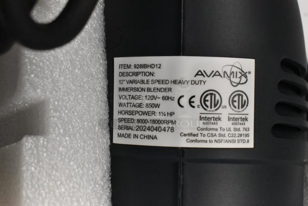 AvaMix 928IBHD12 immersion blender label showing model, 1 1/4 hp, 120V, 850W, 8000-18000 RPM, made in China.