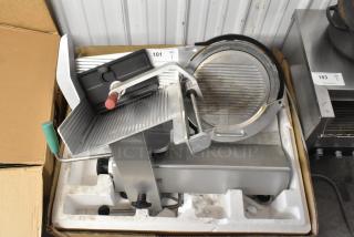 2018 Bizerba GSP H metal countertop meat slicer, 120 volts, 1 phase. Visible in box; appears in good condition.