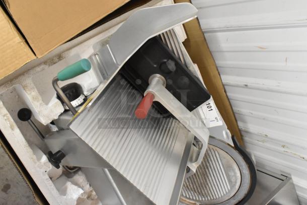 2018 Bizerba GSP H metal commercial meat slicer, 120V, 1 phase, in good condition. Features adjustable slicing thickness.
