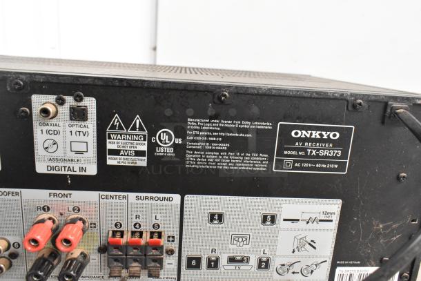 Onkyo AV Receiver, Model TX-SR373, showing rear panel inputs including coaxial, optical, and speaker connections.