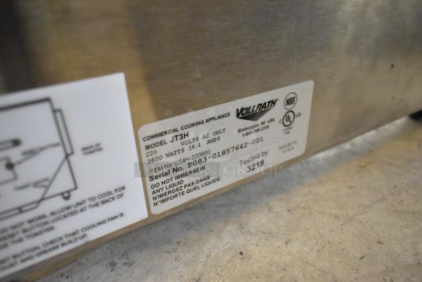 Vollrath JT3H CT4H-220950 stainless steel conveyor toaster oven, commercial, 220V. Label shows model, serial number, tested by 3218.