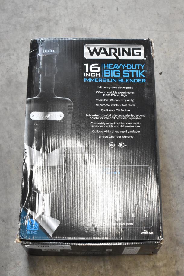 BRAND NEW Waring WSB Big Stik 16" Variable Speed Immersion Blender. Box shows scratches/dents. 120 Volts, 1 Phase, 1 HP.