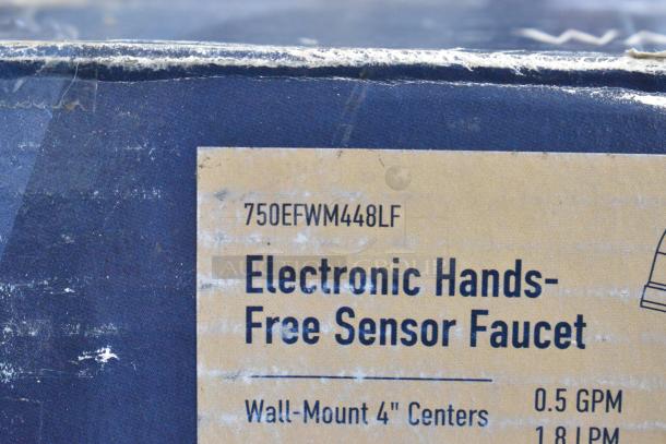 Waterloo 750EFWM448LF sensor faucet box showing "Electronic Hands-Free Sensor Faucet, Wall-Mount 4" Centers, 0.5 GPM".