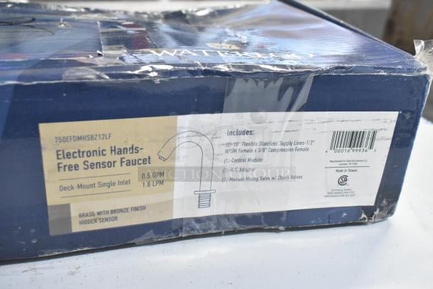 Waterloo 750EFDMHSBZ12LF Deck-Mount Hands-Free Sensor Faucet box, bronze finish, 0.5 GPM, features shown, new condition.
