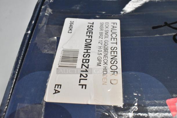 Label on box showing Waterloo 750EFDMHSBZ12LF Deck-Mount Sensor Faucet details, including gooseneck spout and 0.5 GPM.