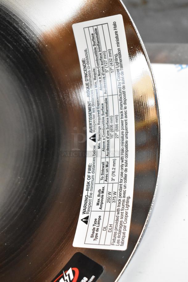 BRAND NEW SCRATCH AND DENT! Hatco DL-775-RL Heat Lamp, bright nickel finish, retractable cord ceiling mount, 120V, labeling visible.