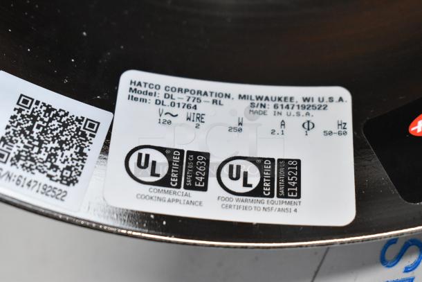 Hatco DL-775-RL heat lamp label showing model details, serial number, UL certifications, made in USA, 120V, 1 phase.