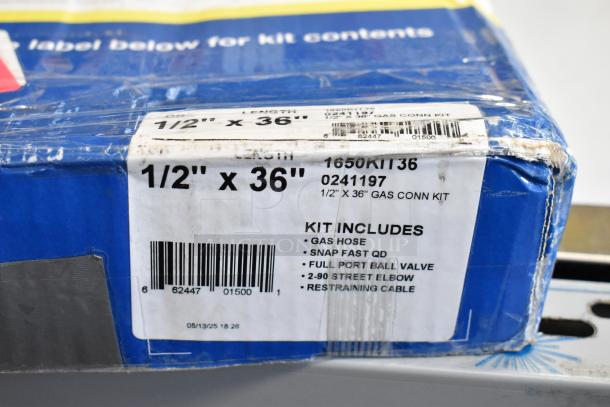 Brand new Dormont 1650KIT36 gas connector kit, 36", includes hose, elbows, ball valve, restraining cable, 1/2" diameter.