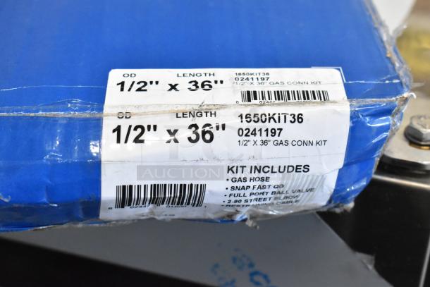 Dormont 1650KIT36 36" gas connector kit, 1/2" diameter, includes gas hose, two elbows, restraining cable; brand new, scratch and dent.