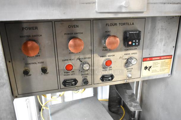 BE&SCO Beta 900 stainless steel tortilla press/oven control panel, features power, oven, and tortilla controls.