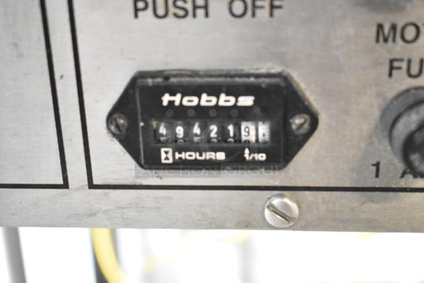 BE&SCO Beta 900 stainless steel tortilla press/oven combo, natural gas-powered, Hobbs hour meter reading 494219.