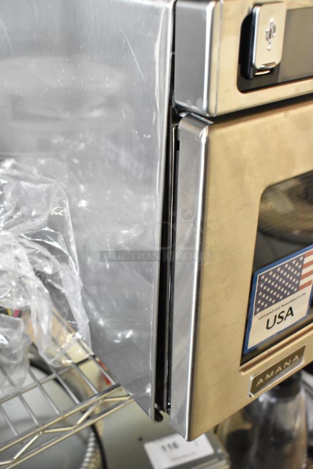 BRAND NEW 2025 Amana HDC12A2 stainless steel commercial microwave, scratch and dent condition, push button controls, 120V.