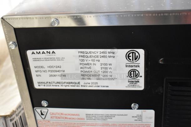 BRAND NEW SCRATCH AND DENT Amana HDC12A2 Commercial Microwave, stainless steel, push button, 120V, 1 phase, ETL certified.