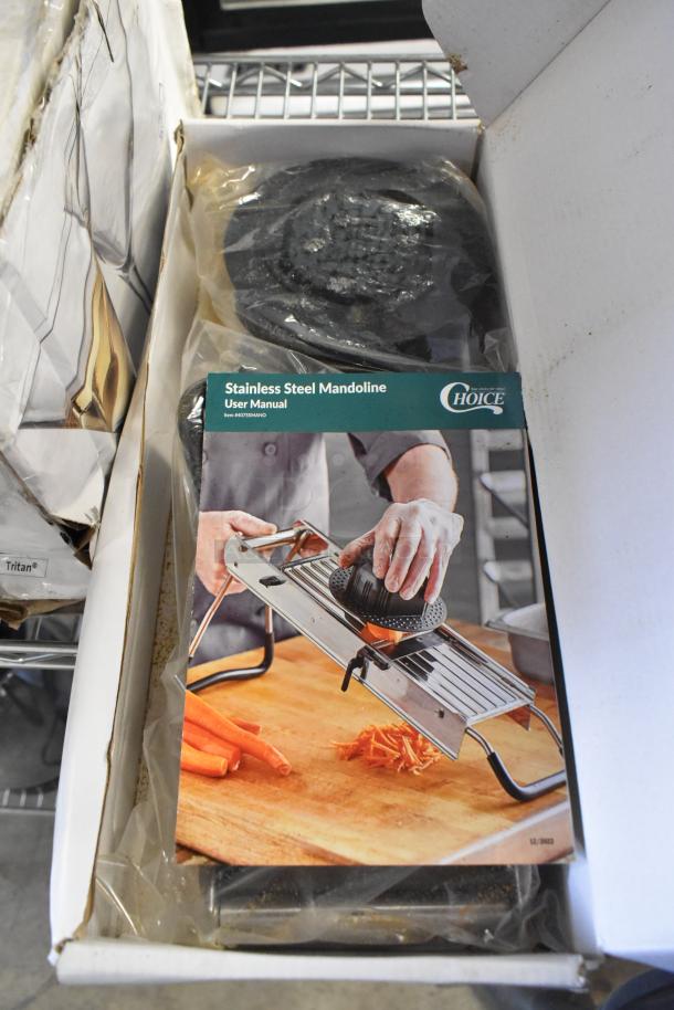 BRAND NEW SCRATCH AND DENT! 407SSMANO Choice stainless steel mandoline with 5-piece interchangeable blade set in box.