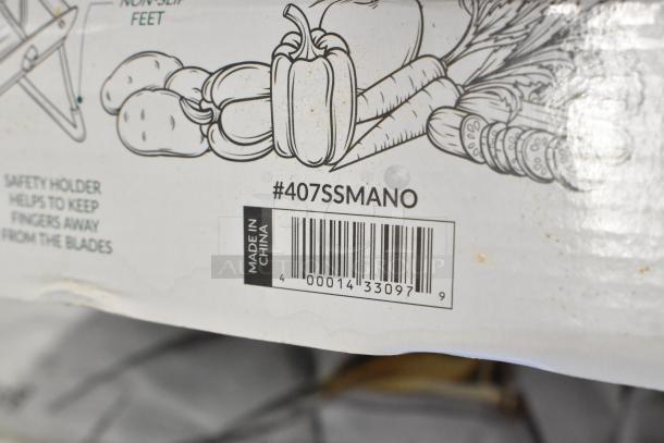 BRAND NEW SCRATCH AND DENT! 407SSMANO Choice Stainless Steel Mandoline, 5-Piece Blade Set, made in China, barcode visible.
