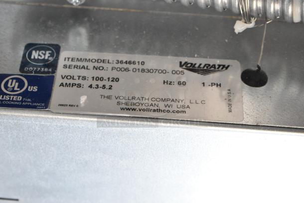 "Vollrath 3646610 hot food well label, showing model, serial number, voltage, amps, and NSF, UL listings."