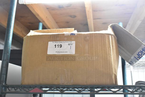 Cardboard box labeled "PCI Auctions" containing door seals, item number 119, box shows signs of wear.