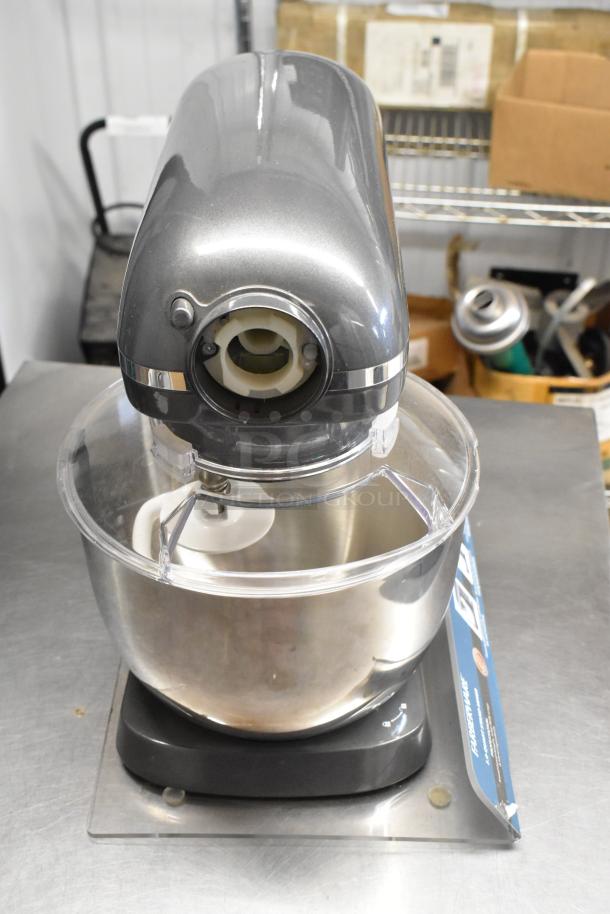 Farberware 659660402 countertop dough mixer, display unit, stainless steel bowl, silver finish, on a stainless surface.