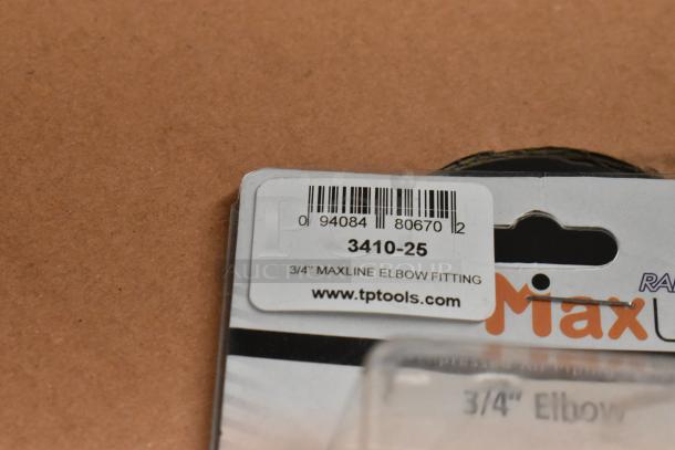 3/4" Maxline elbow fitting in packaging with label showing model 3410-25 and website www.tptools.com.