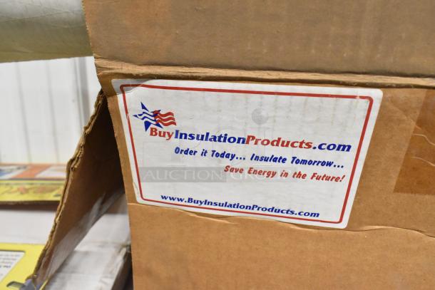 Box labeled "BuyInsulationProducts.com" featuring various insulation items, cardboard box in worn condition.