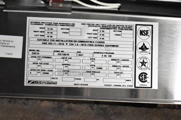 Southbend S361D range label detailing model, serial number, natural gas type, manifold pressure, and certification symbols.