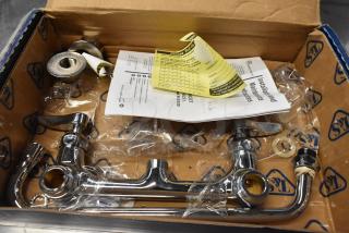 Brand new T&S faucet, scratch and dent condition, features chrome finish, installation instructions included, in original packaging.