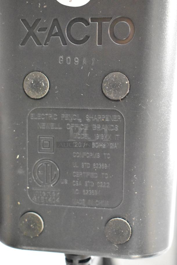 BRAND NEW SCRATCH AND DENT X-acto 1818XX Electric Pencil Sharpener, 120V, 1 Phase. Model and certification details visible.