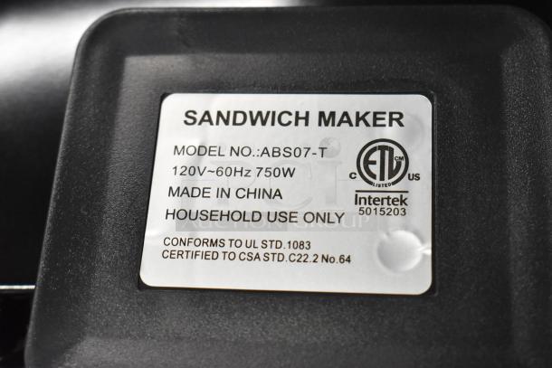 Brand new ABS07-T countertop sandwich maker label, 120V, 750W, made in China, household use, ETL certified.