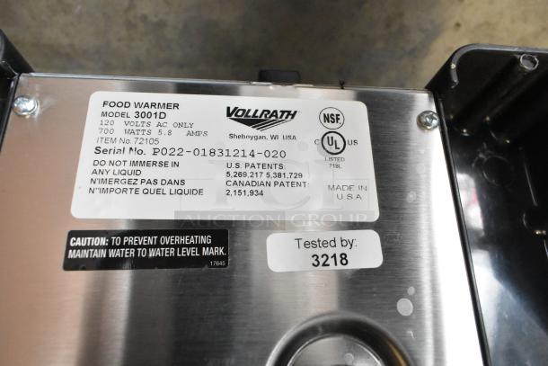 BRAND NEW Vollrath 3001D Metal Food Warmer, 120V, 1 Phase. NSF, UL listed. Serial No. P022-01831214-020. Some scratches visible.