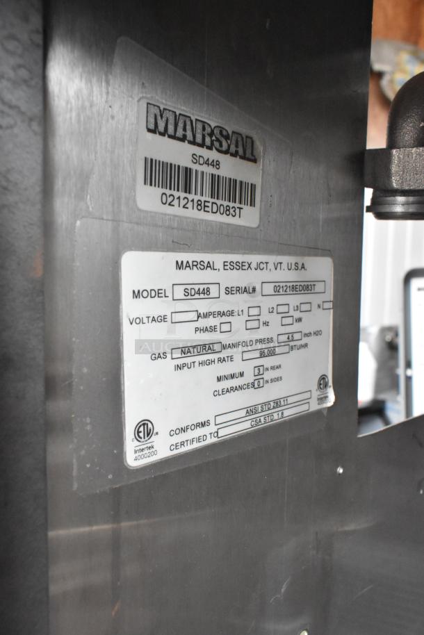 Marsal & Sons SD448 stainless steel pizza oven label, showing model, serial number, 95,000 BTU, natural gas, UL and CSA certifications.