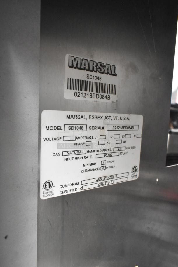Marsal & Sons SD448 stainless steel pizza oven, natural gas, 95,000 BTU, with cooking stones. Model and serial labels visible.