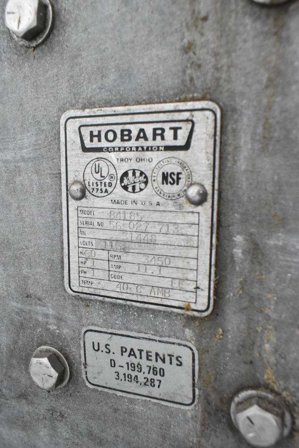 Hobart 84185 Metal Commercial Countertop Buffalo Chopper label, showing 115 volts, 1 phase, NSF and UL listed.