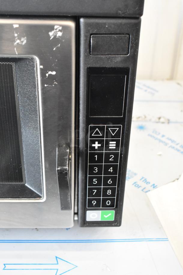 2021 Amana RC30S2 stainless steel commercial microwave oven, 208/240 volts, keypad controls, minor surface wear.