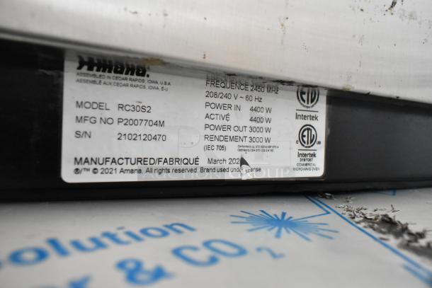 2021 Amana RC30S2 Commercial Microwave, stainless steel, 208/240V, 1 phase, 4400W power, model tag visible.