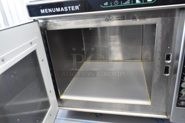 2018 Menumaster MRC30S2 stainless steel commercial countertop microwave oven, open door showing interior, in good condition.