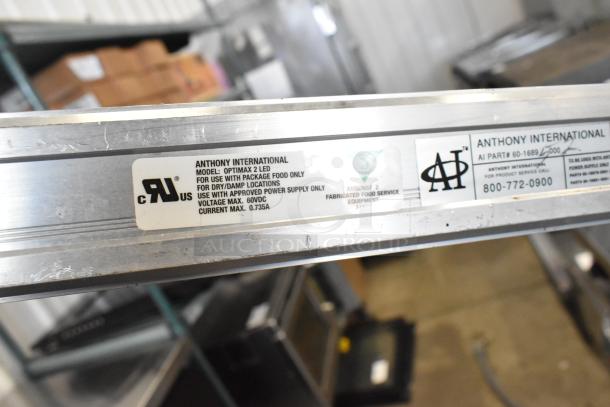 Anthony Optimax 2 LED Light Strip label, model details. Suitable for packaged food, 60VDC, 0.735A current.