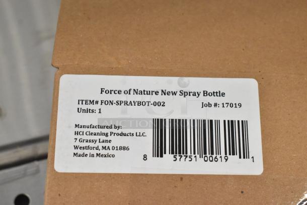 Brand new Force of Nature Spray Bottle in box. Label shows item #FON-SPRAYBOT-002, made by HCI Cleaning Products.
