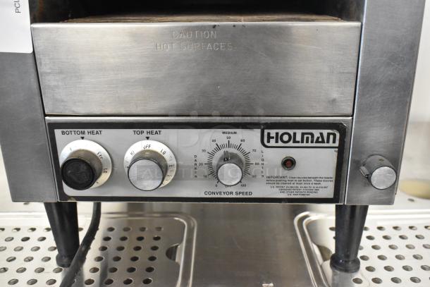 Holman Stainless Steel Commercial Conveyor Toaster Oven, 115V, 1 Phase, controls for bottom/top heat and conveyor speed.